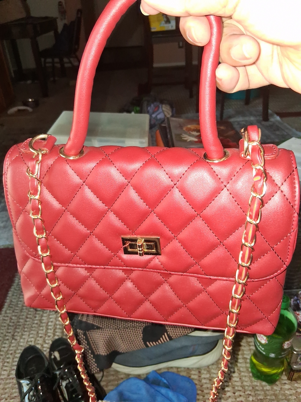 Quilted Red Top-Handle Shoulder Bag with Gold Chain Hardware